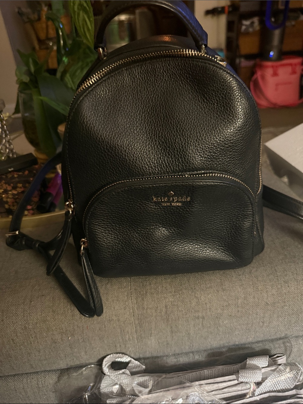 kate spade Black Pebbled Leather Mini Backpack with Gold Hardware